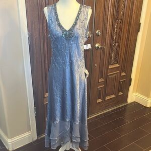 Komarov Beaded Charmeuse & Chiffon Tiered Blue Asymmetrical Dress ⭐️